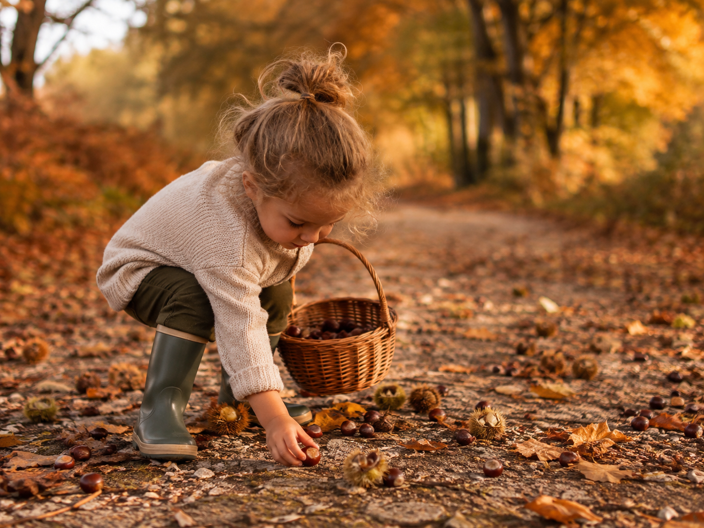 Kind in Gummistiefeln beim Kastaniensammeln auf einem herbstlichen Waldweg