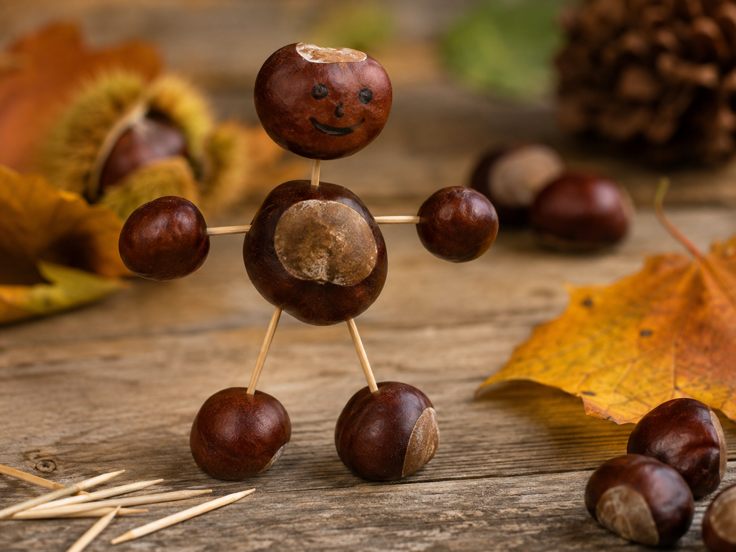 Selbstgebasteltes Kastanienmännchen mit Zahnstochern auf einem Holztisch