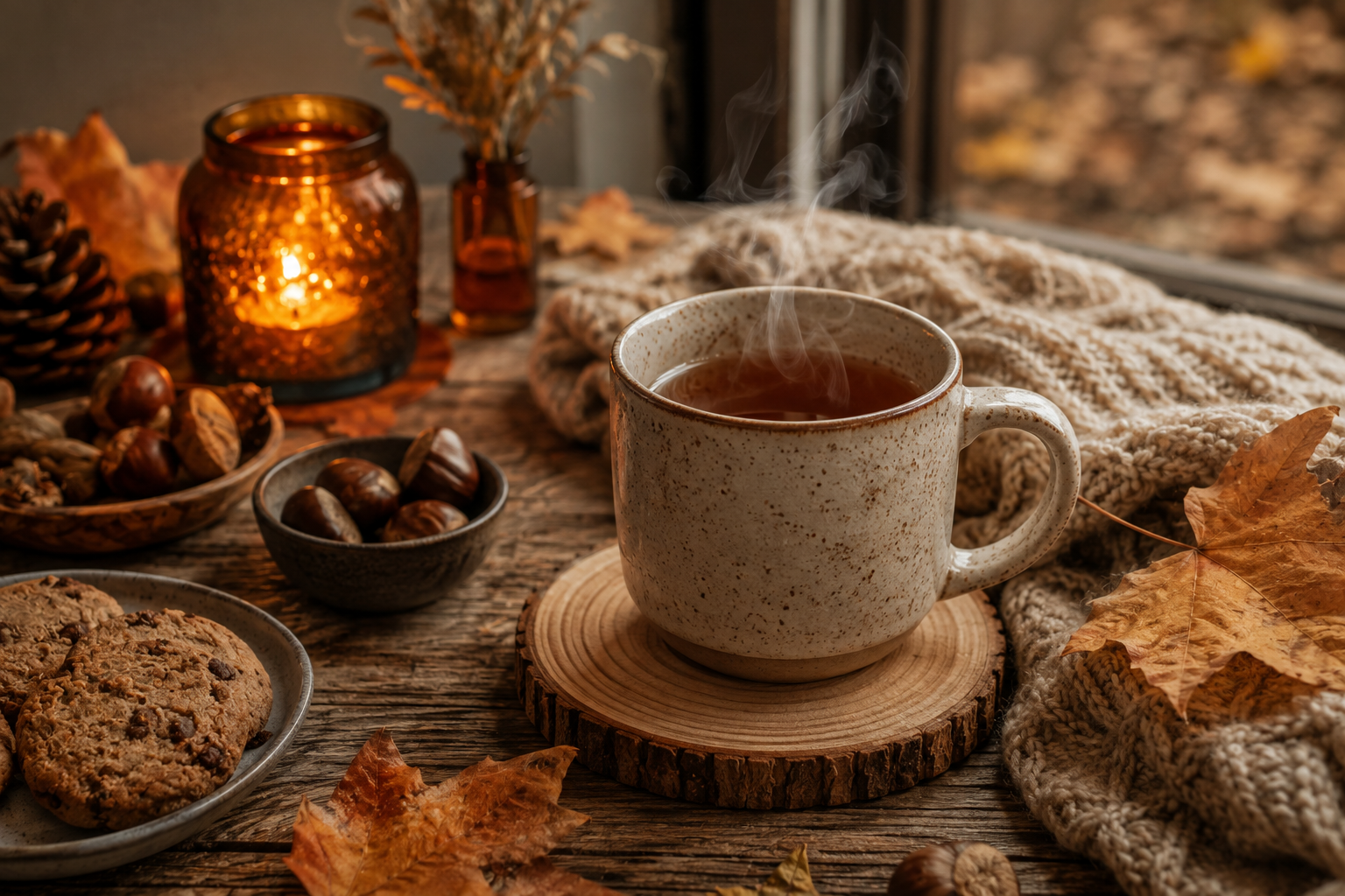 Dampfende Tasse Tee in gemütlicher Herbstatmosphäre mit Kastanien und Keksen