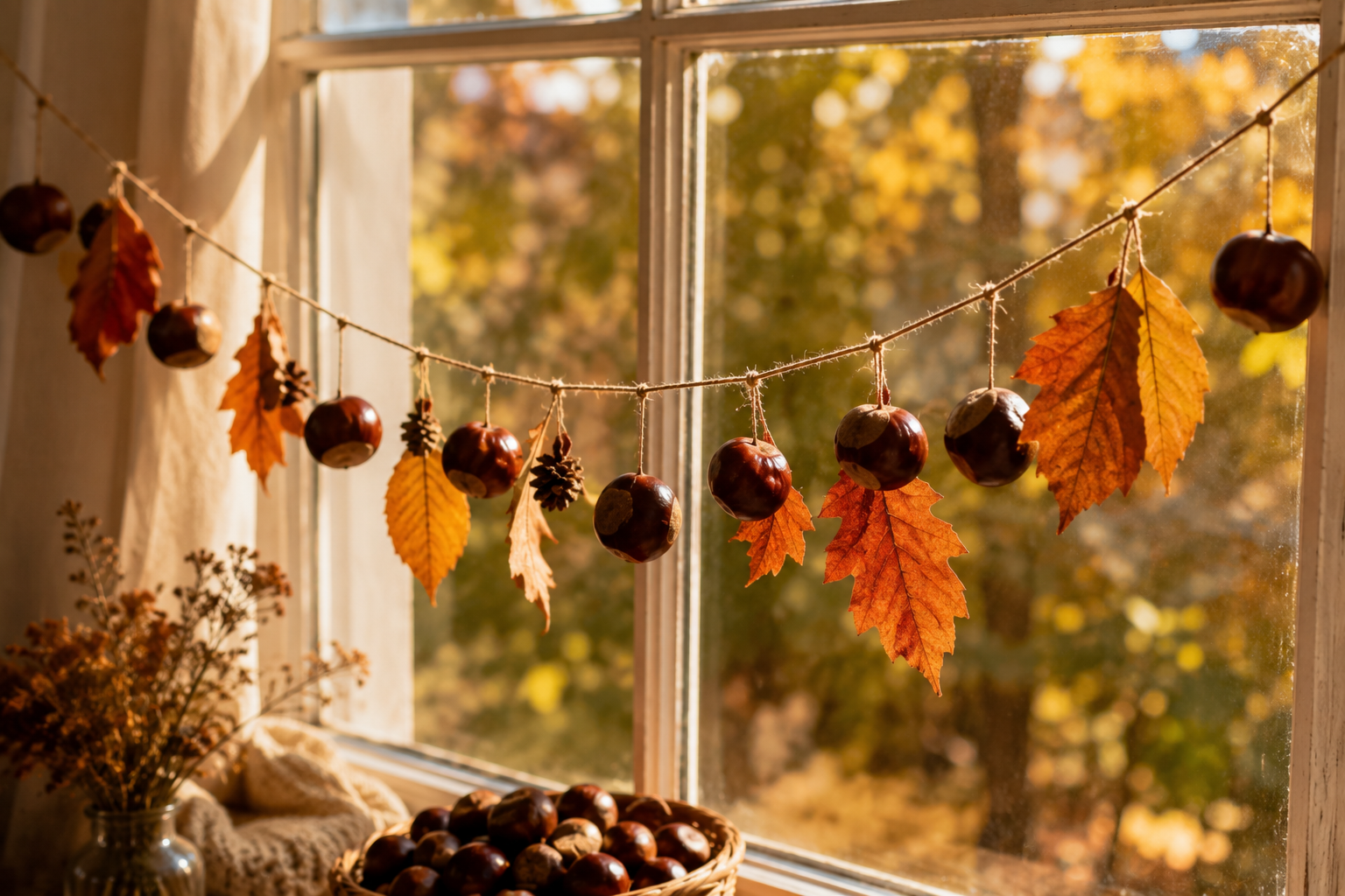 Fertige Kastanien-Girlande, an einem Fenster mit Herbstlicht aufgehängt