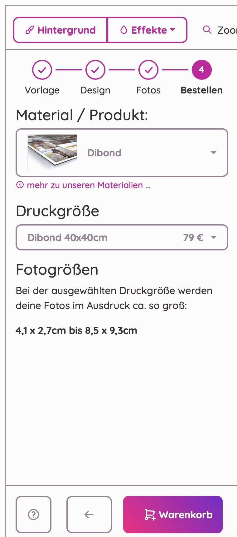 Material- und Größenauswahl im rapidcollage-Designer, Alu-Dibond 40x40cm für 79 Euro