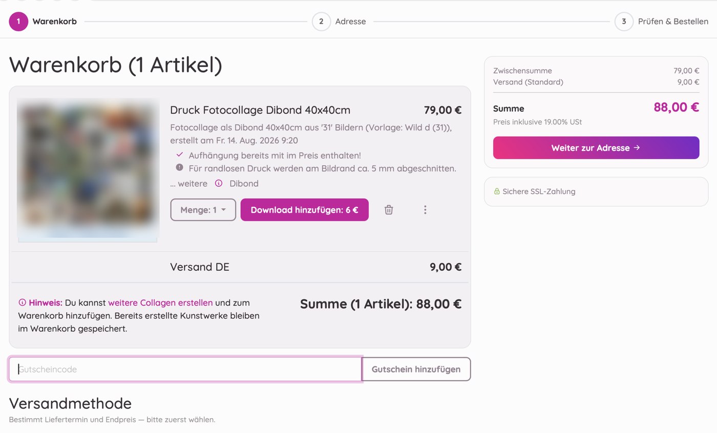 Warenkorb mit Preisübersicht bei rapidcollage, Collagenvorschau zum Schutz der Privatsphäre unkenntlich gemacht